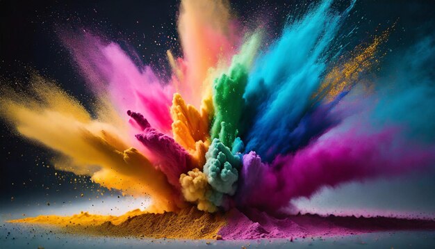 Um pó de cores vibrantes explode no ar, criando uma hipnotizante nuvem arco-íris, dinâmica e viva.