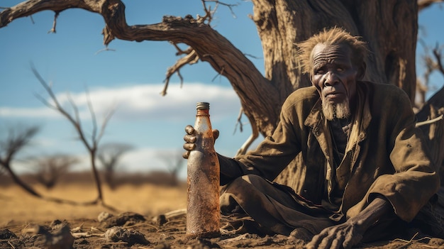 Um pobre mendigo velho com fome e sede para beber de uma garrafa na áfrica contra o pano de fundo de seco