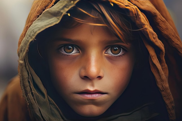 Um pobre menino órfão com fome em um campo de refugiados com uma expressão triste em seu rosto e seu rosto e roupas estão sujas e seus olhos estão cheios de dor.