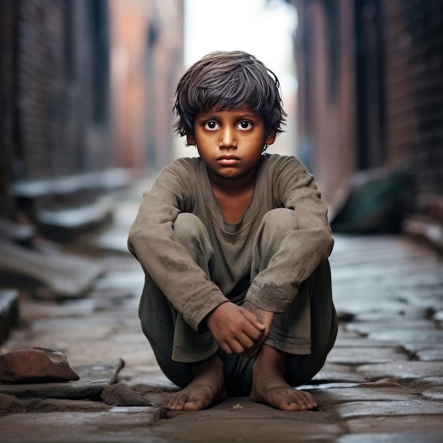 Um pobre rapaz indiano sentado na rua.