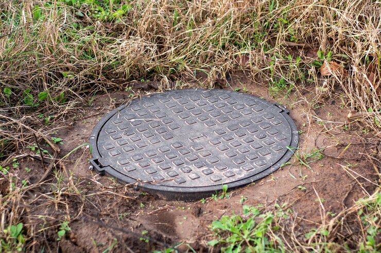 Foto um poço de concreto com um poço de água de cobertura de poço de metal pesado