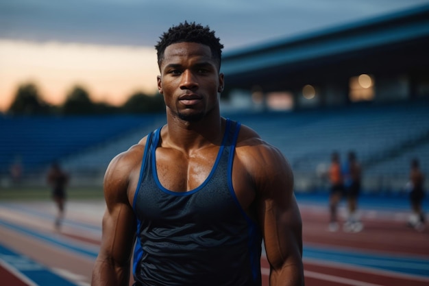 Um poderoso atleta negro na pista de corrida mostrando força, velocidade e aptidão
