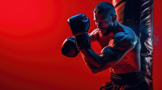 Foto um poderoso boxeador de luvas dando um soco a um saco mostrando força e determinação