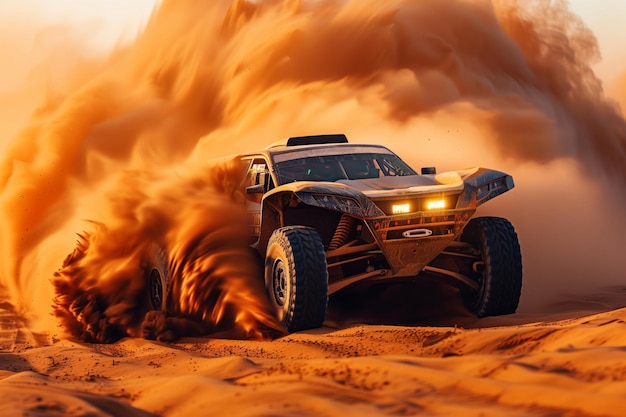 Um poderoso buggy de duna cria uma enorme tempestade de poeira enquanto corre pelo deserto incorporando offroad