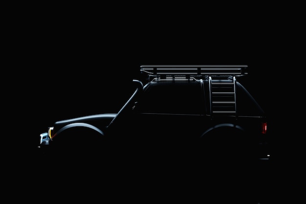 Um poderoso carro offroad preto 4x4 expedição de safári offroader vista lateral ilustração 3D