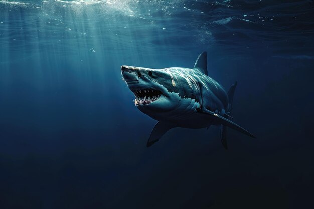 Um poderoso grande tubarão branco nada sem esforço no vasto oceano um tubarão aterrorizante caçando no profundo mar azul AI gerado