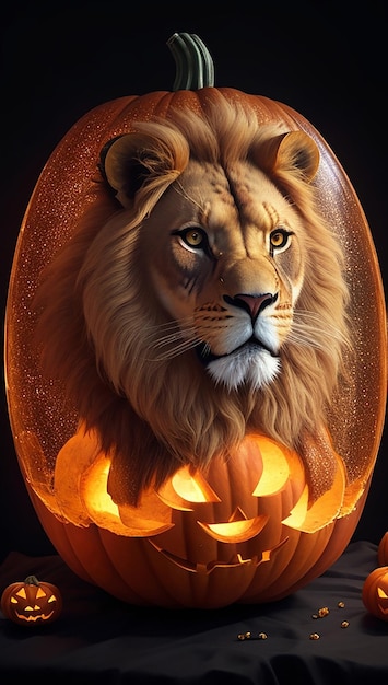 Um poderoso leão dentro de uma abóbora de cristal Halloween