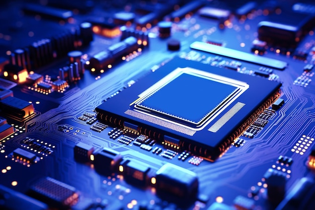 Um poderoso processador de computador ou chip em uma placa-mãe Tecnologias modernas Fundo azul