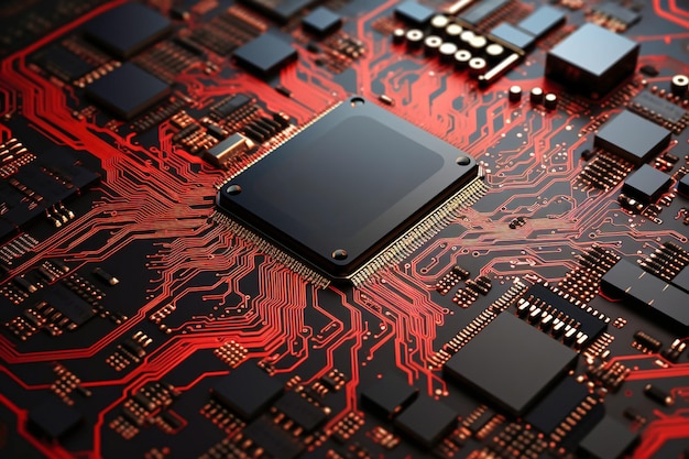 Um poderoso processador de computador ou chip em uma placa-mãe Tecnologias modernas Fundo vermelho
