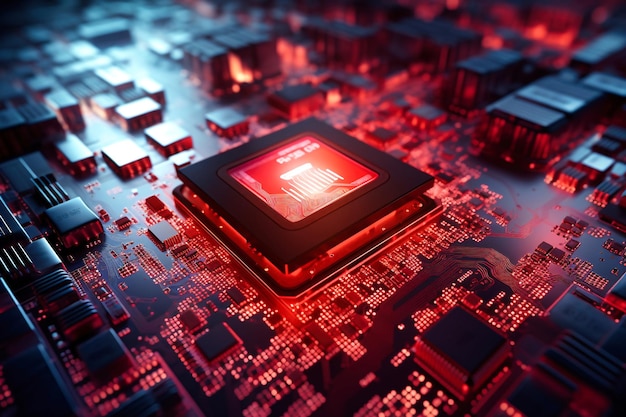 Um poderoso processador de computador ou chip em uma placa-mãe Tecnologias modernas Fundo vermelho