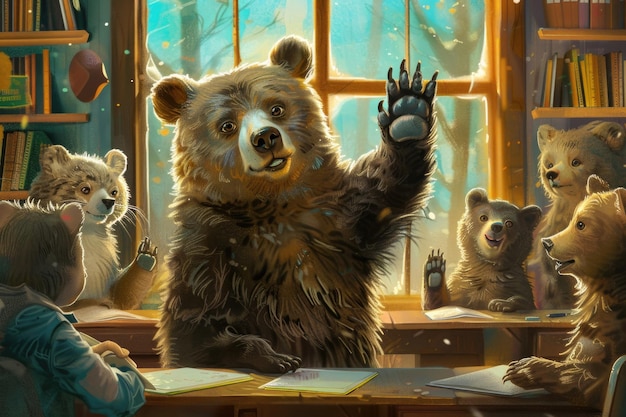 Um poderoso urso está orgulhosamente em frente a um grupo de ursos exalando liderança e força