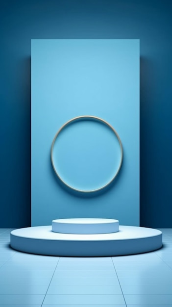 Um pódio azul com um espelho circular em uma sala generativa ai