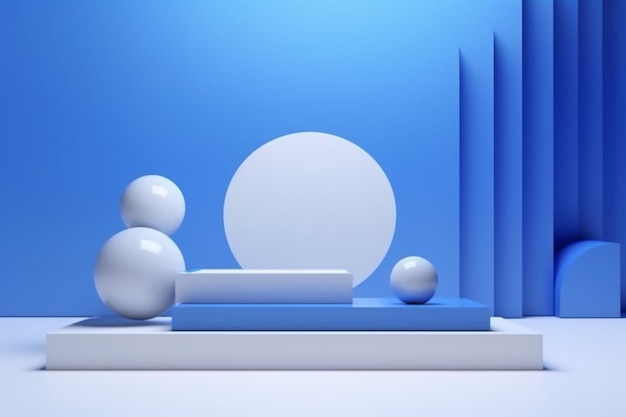 um pódio branco com três esferas e um fundo azul generativo ai