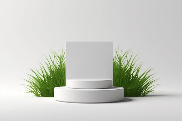 Um pódio branco com uma cobertura branca e uma grama verde no meio.