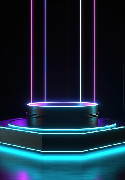 Um pódio com luzes neon e um pódio com luz azul e rosa.