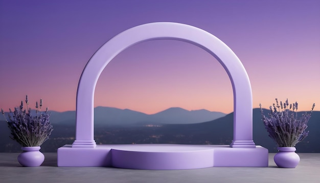 um pódio de arco roxo com uma vista das montanhas ao fundo