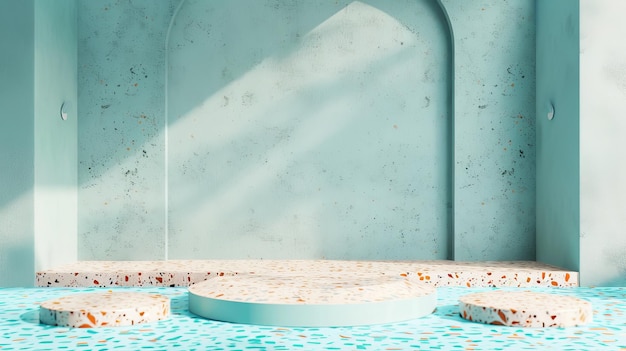 Um pódio de cilindro vazio renderizado em 3D com um fundo de piscina e piso de terraço