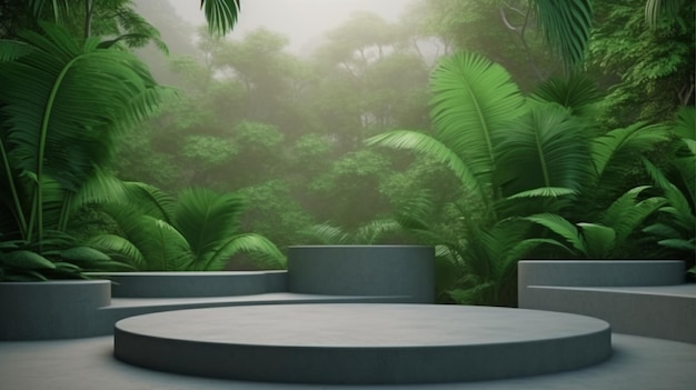 Um pódio de concreto com uma parede viva está localizado em uma floresta tropical3d rendering The Generative AI