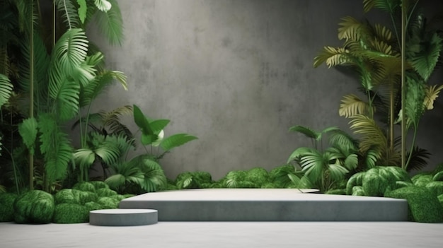 Um pódio de concreto com uma parede viva está localizado em uma floresta tropical3d rendering The Generative AI
