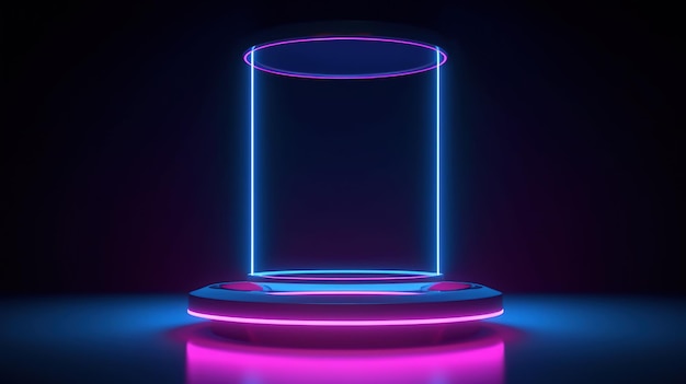 Um pódio de exibição de luz neon em um fundo escuro