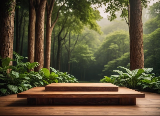 Um pódio de madeira contra um fundo verde ecológico