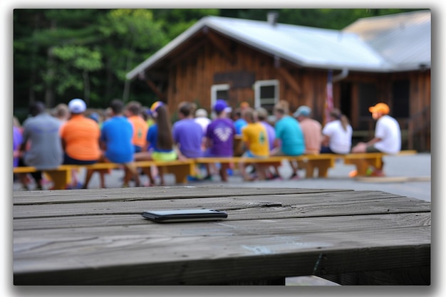 Foto um pódio de madeira em um acampamento de verão com conselheiros liderando atividades