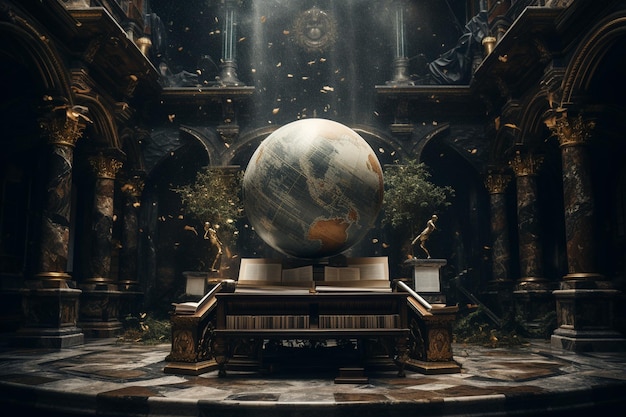 Foto um pódio de mármore numa biblioteca mágica com livros que sussurram segredos àqueles que ouvem.