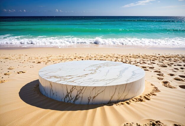 Um pódio de mármore situado em uma praia de areia tropical misturando elegância com beleza natural