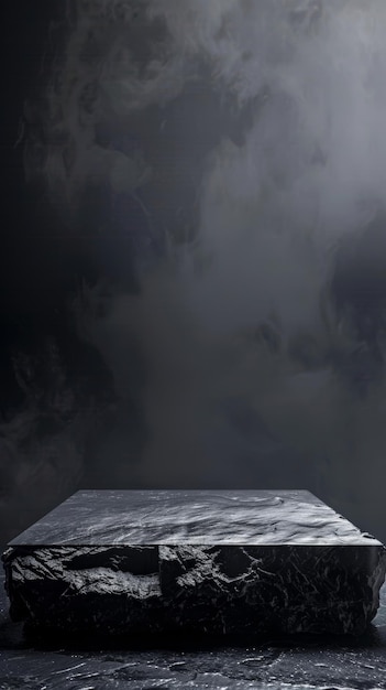 Um pódio de pedra escura fica proeminentemente em primeiro plano um símbolo da natureza beleza austera em meio a um fundo montanhoso nebuloso