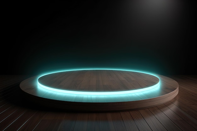 um pódio de plataforma circular de madeira com uma luz de néon ciano em fundo escuro
