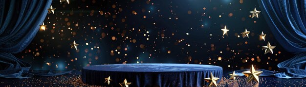 Um pódio festivo com um luxuoso pano de veludo azul e estrelas douradas