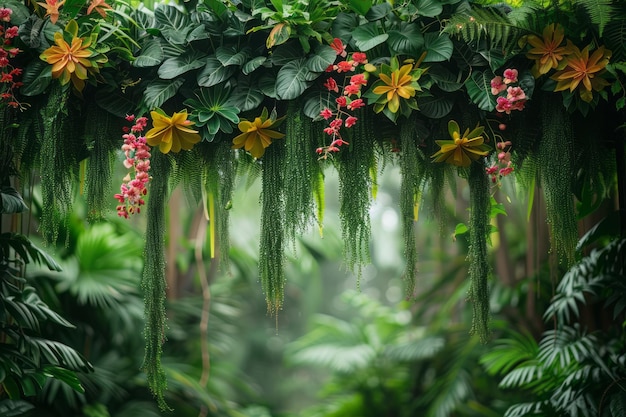 Um pódio inspirado na floresta tropical com vegetação exuberante e epífitas penduradas de cima criando um denso dossel