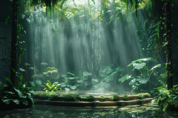 Foto um pódio inspirado na floresta tropical com vegetação exuberante e epífitas penduradas de cima criando um denso dossel