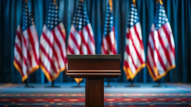 Foto um pódio na frente de uma fileira de bandeiras americanas