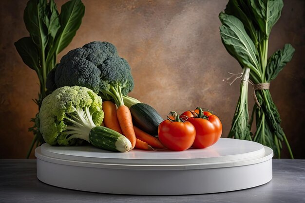 Um pódio para a demonstração de um produto com vegetais é um fundo vegetal para vegetarianos alimentação saudável e jardinagem ecológica Espaço de cópia gerado por IA