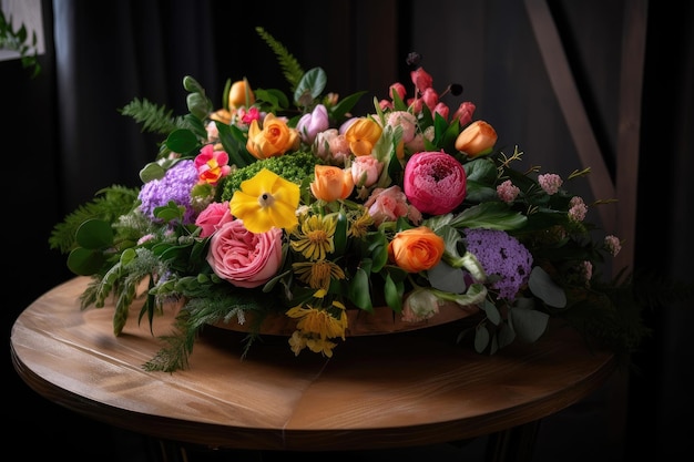 Um pódio redondo com um buquê de flores coloridas de primavera e vegetação criada com ai generativa