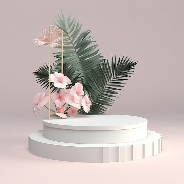 Um pódio redondo com uma flor rosa e uma folha de palmeira.
