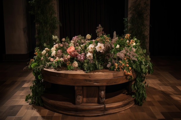 Um pódio redondo de madeira cercado por um arranjo floral exuberante criado com ai generativo