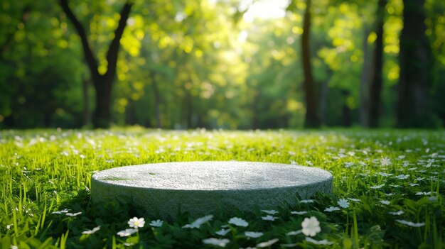 Um pódio redondo de pedra branca e vazia fica na grama verde, uma floresta de verão borrada ao fundo.