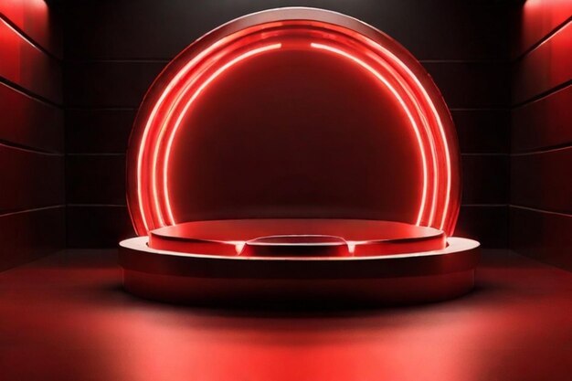 Um pódio redondo e brilhante, banhado de luz vermelha contra o preto