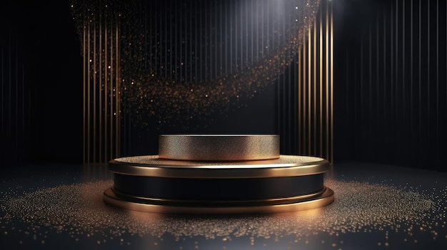 Um pódio redondo em um palco escuro com glitter dourado no chão.