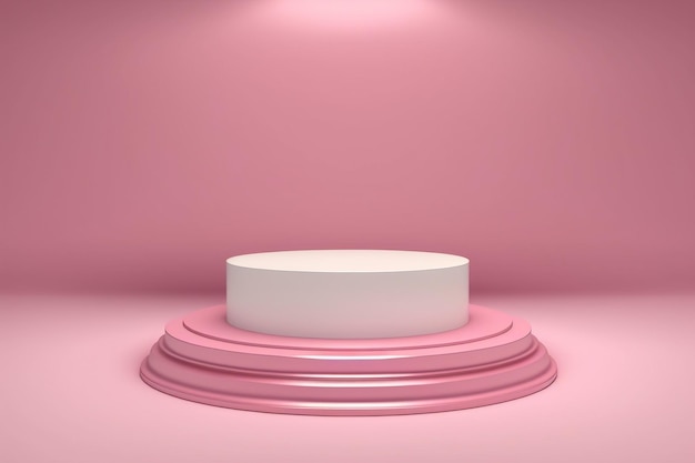 Um pódio rosa e branco com um círculo branco na parte inferior.