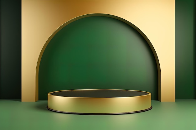 Um pódio verde e dourado com fundo verde e um anel de ouro