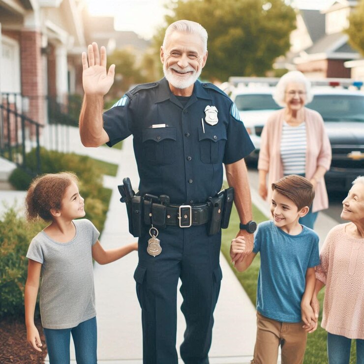Foto um policial amigável saúda uma família com uma onda que promove interações positivas entre a lei e