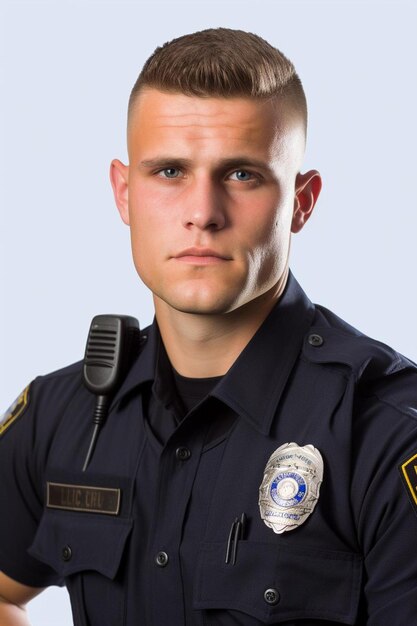 Foto um policial com um distintivo no ombro
