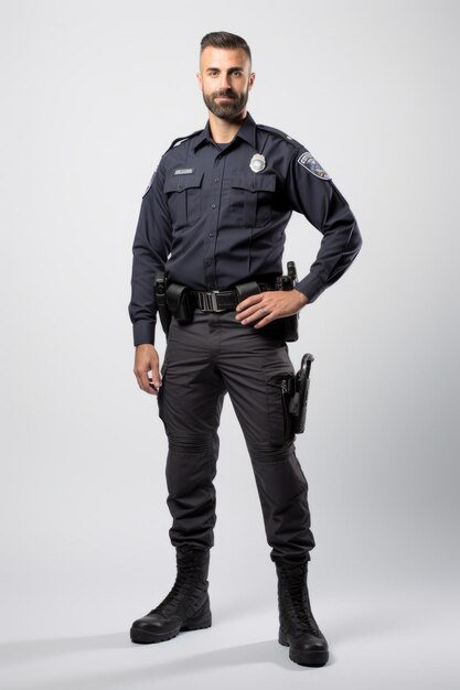 Um policial em uniforme com uma arma e um distintivo