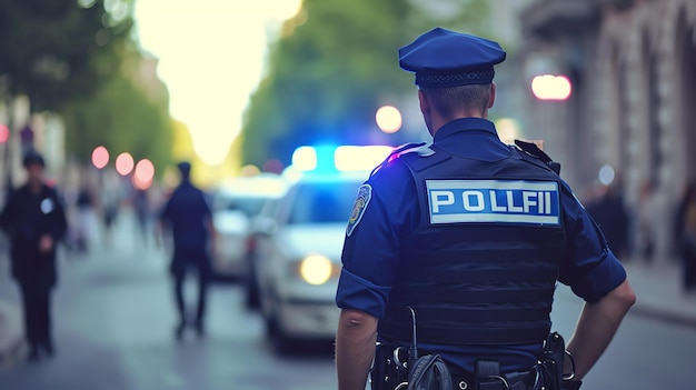 Foto um policial está de guarda em uma cena de crime o fundo desfocado mostra uma rua movimentada com pessoas passando