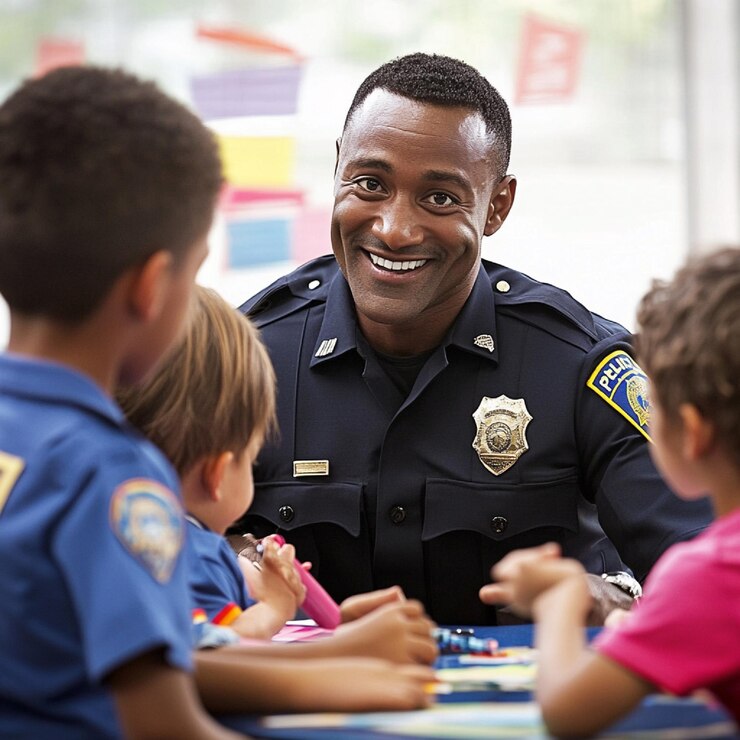 Foto um policial interagindo com crianças em uma escola fomentando relações positivas com a comunidade