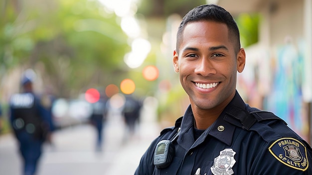 Foto um policial sorridente com uma foto na cabeça.