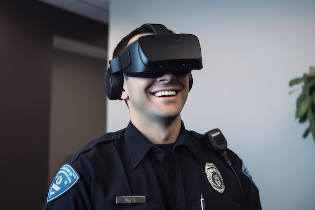 Um policial vestindo um VR com um sorriso